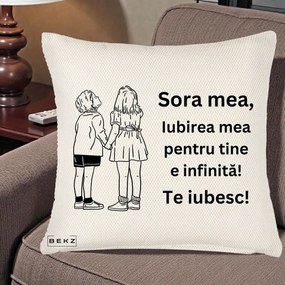 Cadou pentru Sora - Perna Personalizata Sora Mea Te Iubesc Copii Tinand Maini Line Art, 40x40 cm, Crem Reliefat, Husa Detasabila, Perna Inclusa, BEKZ®