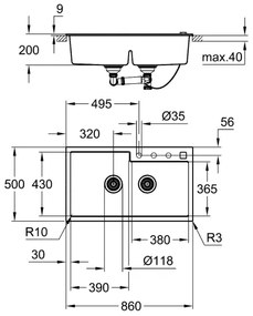 GROHE 31649AP0 - Chiuvetă K500, 860 × 500 mm, din granit, neagră