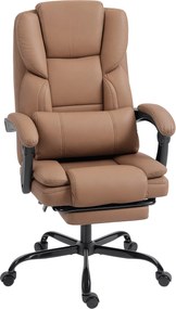 Scaun de birou ergonomic HOMCOM reclinabil 140° cu reposapiede și pernă, scaun de birou din piele ecologică anti-zgârieturi, ușor de curățat, brațe îmbunătățite, pivotant și reglabil pe înălțime, maro | Aosom Romania