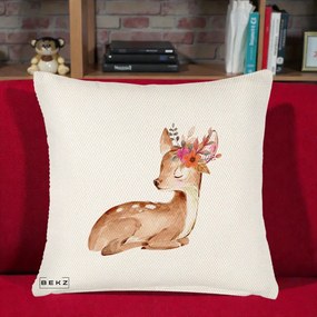 Perna Decorativa Caprioara cu Flori in Coama, 40x40 cm, Crem Reliefat, Husa Detasabila, Perna Inclusa, BEKZ®