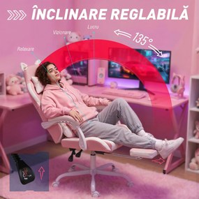 Vinsetto Scaun Gaming Ergonomic cu Urechi de Pisică, Fotoliu Gaming Birou Reclinabil din Piele Eco cu Suport pentru Picioare, Tetieră și Înălțime Reglabilă, Suport Lombar și Cervical, Roz | Aosom Romania