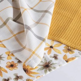 decoDoma Prosoape de bucătărie din bumbac FLORI GALBENE ȘI DE CHIMION 45 x 70 cm set 3 buc