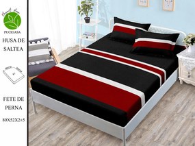 Husa de pat cu elastic 180x200 din Bumbac Finet + 2 Fete de Perna - Negru Rosu Alb