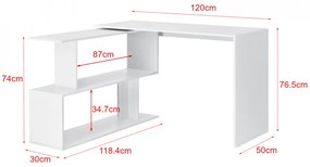 BIA3- Masa de Birou, 120 cm, office pe colt cu rafturi - Alb