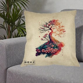 Perna Decorativa Copac Sakura Acuarela Fantasy, 40x40 cm, Crem, Husa Detasabila, Perna Inclusa, BEKZ®