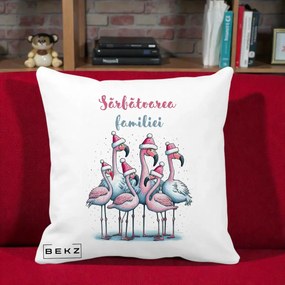 Perna Decorativa Flamingo Craciun Sarbatoarea Familiei, 40x40 cm, Alba Mata, Husa Detasabila, Perna Inclusa, BEKZ®
