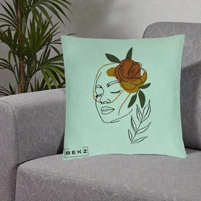 Perna Decorativa Portret Feminin Trandafir Ruginiu, 40x40 cm, Verde Menta, Husa Detasabila, Perna Inclusa, BEKZ®
