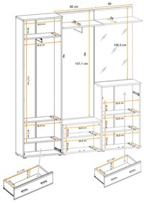 Cuier cu dulap si pantofar ,oglinda si perna inclusa, stejar sonoma, usi pvc infoliate, 180 cm lungime x 203 cm inaltime x 32 cm adancime, Bortis