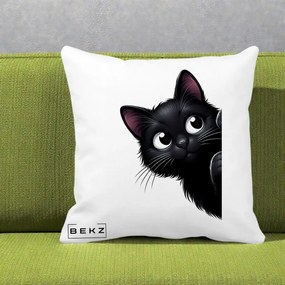 Perna Decorativa Pisica Neagra Dragalasa Curioasa, 40x40 cm, Alba Mata, Husa Detasabila, Perna Inclusa, BEKZ®