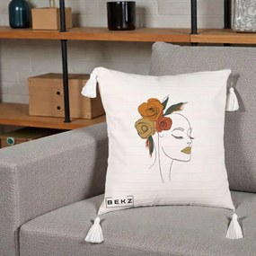 Perna Decorativa Portret Feminin Trandafiri Ruginii, 40x40 cm, Bej cu Franjuri, Husa Detasabila, Perna Inclusa, BEKZ®