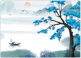 Tablou - Pictură, lac cu barcă (70x50 cm)