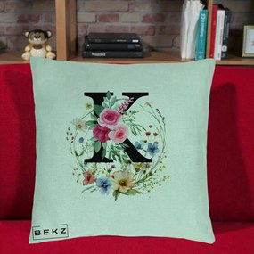 Cadou Personalizat - Perna Personalizata Monogram Litera K cu Flori Acuarela, 40x40 cm, Verde Menta, Husa Detasabila, Perna Inclusa, BEKZ®