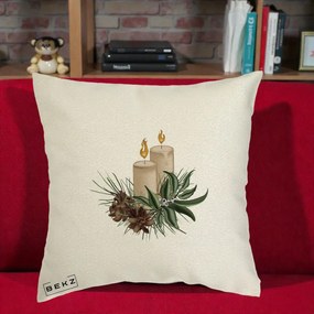 Perna Decorativa Lumanari cu Ilex si Conuri Ilustratie, 40x40 cm, Ecru, Husa Detasabila, Perna Inclusa, BEKZ®