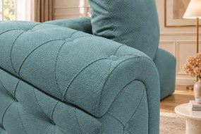 Canapea extensibilă Ilaria din stofă, verde marin, cu ladă de depozitare