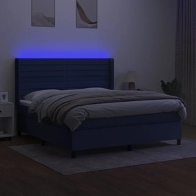 Pat cu arcuri, saltea si LED, albastru, 160x200 cm, textil Albastru, 160 x 200 cm, Benzi orizontale