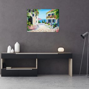 Tablou pe sticlă - Alee grecească, pictură în ulei (70x50 cm)