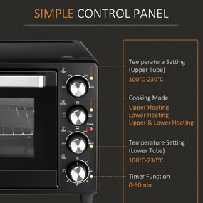 Cuptor Electric HOMCOM 32L Reglare Temperatura, Accesorii , 52.2x38.1x33.5cm, Negru | Aosom RO