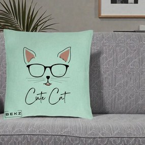 Perna Personalizata Cute Cat cu Ochelari, 40x40 cm, Verde Menta, Husa Detasabila, Perna Inclusa, BEKZ®
