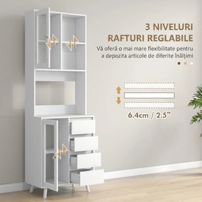 HOMCOM Servantă Înaltă de Bucătărie cu Uși din Sticlă, 2 Rafturi Deschise, 4 Sertare, Rafturi Reglabile, 60x35x180 cm, Alb | Aosom Romania