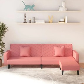 Canapea extensibila 2 locuri, 2 pernetaburet, roz, catifea Roz, Cu scaunel pentru picioare