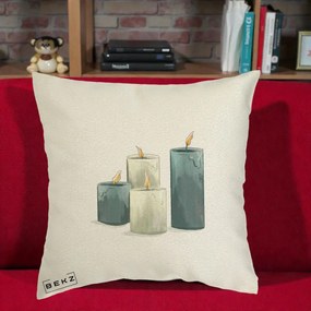 Perna Decorativa Lumanari Hygge Alb-Verde, 40x40 cm, Ecru, Husa Detasabila, Perna Inclusa, BEKZ®