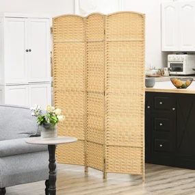 HOMCOM Paravan Interior Pliabil cu 3 Panouri Împletit din PP și Lemn de Pin, 135x1,7x180 cm, Lemn Natural | Aosom Romania