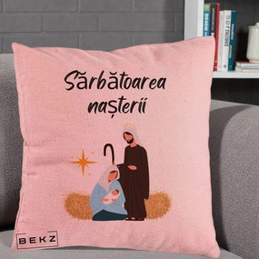 Perna Decorativa Nasterea Domnului Sfanta Familie Sarbatoarea Nasterii, 40x40 cm, Roz, Husa Detasabila, Perna Inclusa, BEKZ®