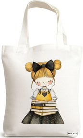 Sacosa de Panza pentru Cumparaturi, Geanta Tote, model The bookie girl 9 38 x 34.5 cm, Alba, BEKZ®