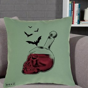Perna Decorativa Halloween Craniu-Sticla cu Lilieci, 40x40 cm, Verde, Husa Detasabila, Perna Inclusa, BEKZ®