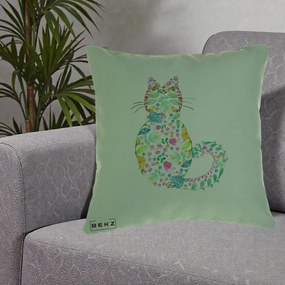 Perna Decorativa Pisica Florala Acuarela, 40x40 cm, Verde, Husa Detasabila, Perna Inclusa, BEKZ®