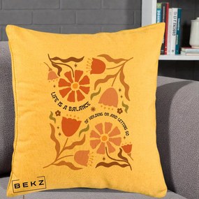 Perna Decorativa Life is a Balance Floral, 40x40 cm, Galben, Husa Detasabila, Perna Inclusa, BEKZ®