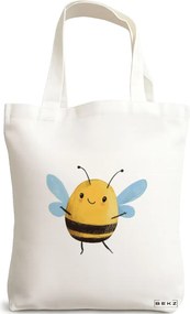 Sacosa de Panza pentru Cumparaturi, Geanta Tote, model The happy bee 38 x 34.5 cm, Alba, BEKZ®