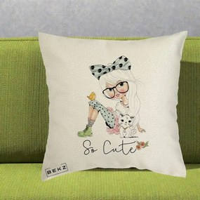 Perna Decorativa So Cute Fata Fashion, 40x40 cm, Ecru, Husa Detasabila, Perna Inclusa, BEKZ®