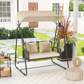 Outsunny Hollywoodschaukel din ratan pentru 2 persoane, cu acoperiș reglabil, perne, cu o capacitate de încărcare de până la 240 kg, 149 x 121 x 180 cm, kaki | Aosom Romania