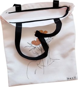 Sacosa de Panza pentru Cumparaturi, Geanta Tote, Flower Lady 2, Cu fermoar, 38x34.5 cm, Alba, BEKZ®