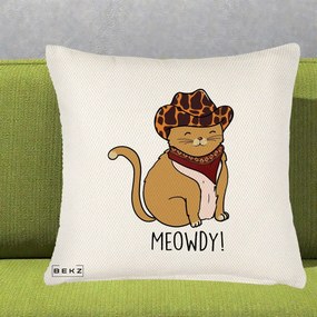 Perna Decorativa Pisica Cowboy Meowdy, 40x40 cm, Crem Reliefat, Husa Detasabila, Perna Inclusa, BEKZ®