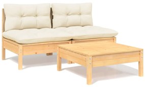 3095998 vidaXL Set mobilier grădină cu perne crem, 3 piese, lemn de pin