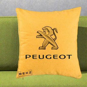 Perna Personalizata cu emblema Peugeot, 40x40 cm, Galben, Husa Detasabila, Perna Inclusa, BEKZ®
