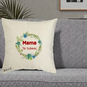 Cadou pentru Mama - Perna Personalizata Mama Te Iubesc Flori Albastre, 40x40 cm, Ecru, Husa Detasabila, Perna Inclusa, BEKZ®