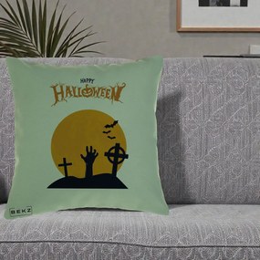 Perna Decorativa Happy Halloween Cimitir cu Luna, 40x40 cm, Verde, Husa Detasabila, Perna Inclusa, BEKZ®