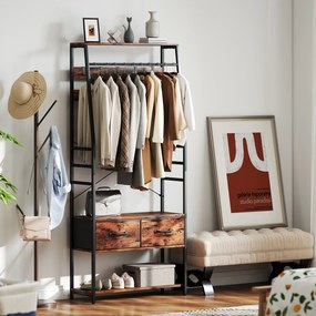 HOMCOM Mobilier de intrare 6 în 1 cuier bară pentru haine raft 2 sertare 10 cârlige 80 x 30 x 180 cm maro rustic | Aosom Romania