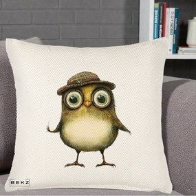 Perna Decorativa Pui Intelectual cu Palarie Tweed, 40x40 cm, Crem Reliefat, Husa Detasabila, Perna Inclusa, BEKZ®