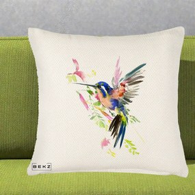Perna Decorativa Colibri Acuarela, 40x40 cm, Crem Reliefat, Husa Detasabila, Perna Inclusa, BEKZ®