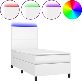 vidaXL Pat cu arcuri, saltea și LED, alb, 90x190 cm, piele ecologică