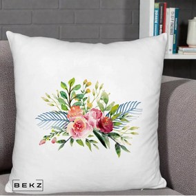 Perna Decorativa Buchet Flori Acuarela Roz-Verde, 40x40 cm, Alb Pufos, Husa Detasabila, Perna Inclusa, BEKZ®