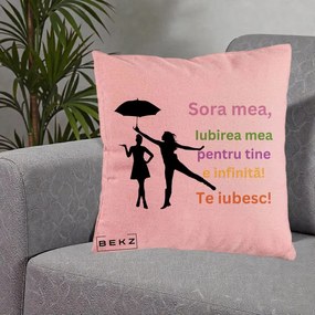 Cadou pentru Sora - Perna Personalizata Sora Mea Te Iubesc Siluete Colorate Umbrela, 40x40 cm, Roz, Husa Detasabila, Perna Inclusa, BEKZ®