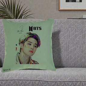 Perna Personalizata K-pop BTS Jimin Portret Artistic Multicolor cu Autograf, 40x40 cm, Verde, Husa Detasabila, Perna Inclusa, BEKZ®