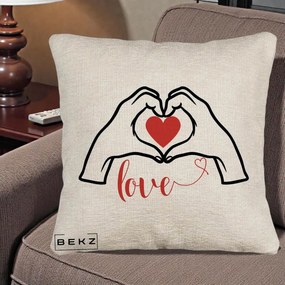 Perna Decorativa Love Maini Inima cu Inscriptie Love Rosu, 40x40 cm, Bej Canapea, Husa Detasabila, Perna Inclusa, BEKZ®