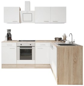 Mobilă de bucătărie de colț Yorki 220, corp din stejar Sonoma, față alb satinat cu element inferior al cuptorului