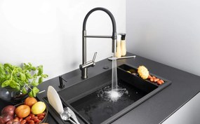 Baterie pentru chiuveta bucatarie, titan, cap mixer, pipa flexibila, 2 tipuri de jet, Deante Magnetic